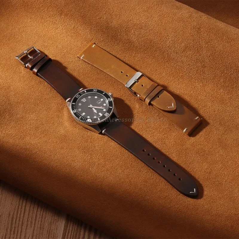 Correa de reloj de cuero con cera de aceite vintage para hombre y mujer, 18/19/2