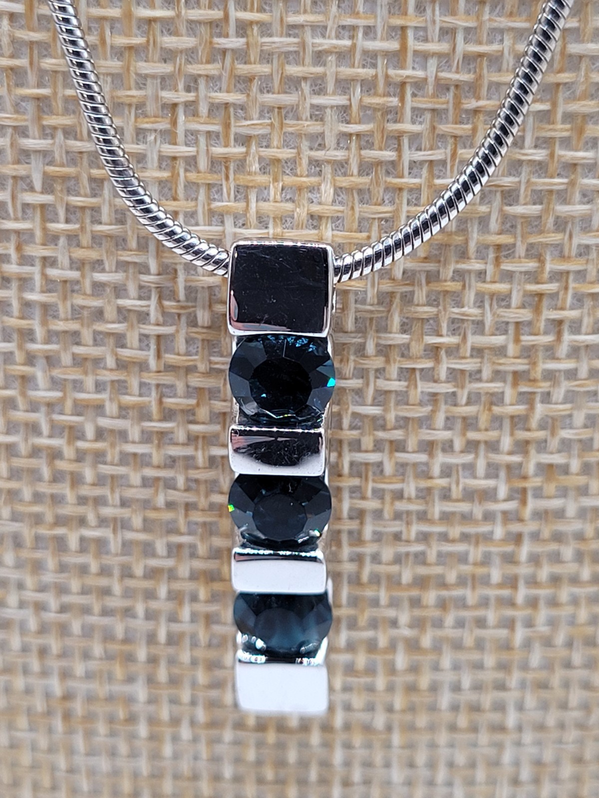 3 Bar Necklace Faux Sapphire Blue Silvertone Setting 16″ to 18″ Y2K