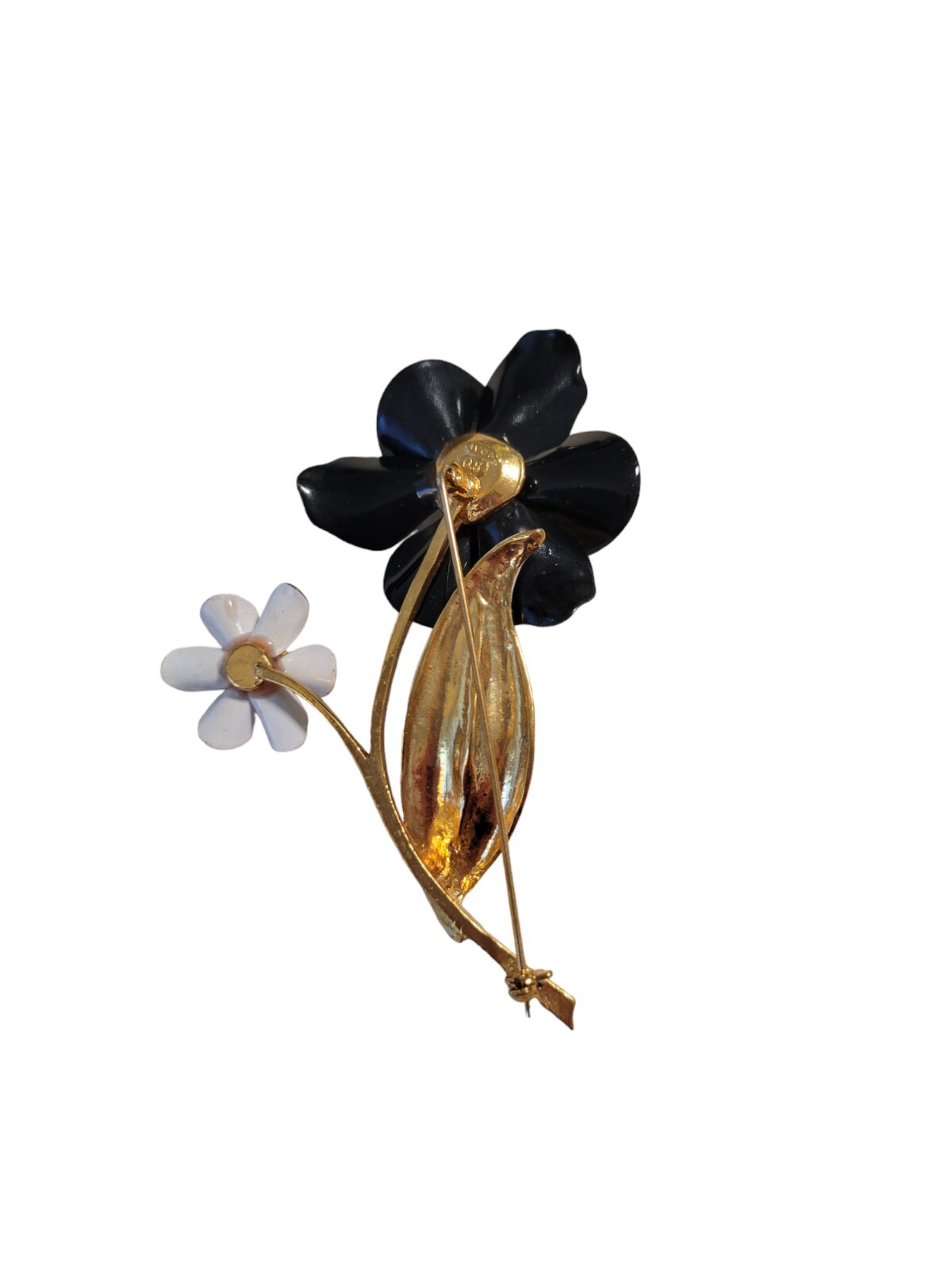 Avon Black & White Polka Dot Rhinestone Flower Pin Brooch Missing Paint 3.5″