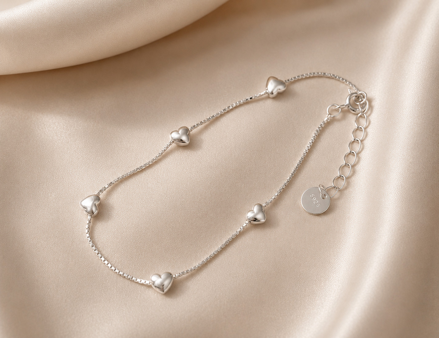925 Sterling Silver Heart Charm Bracelet 16+2.5cm Adjustable Minimalist Gift for