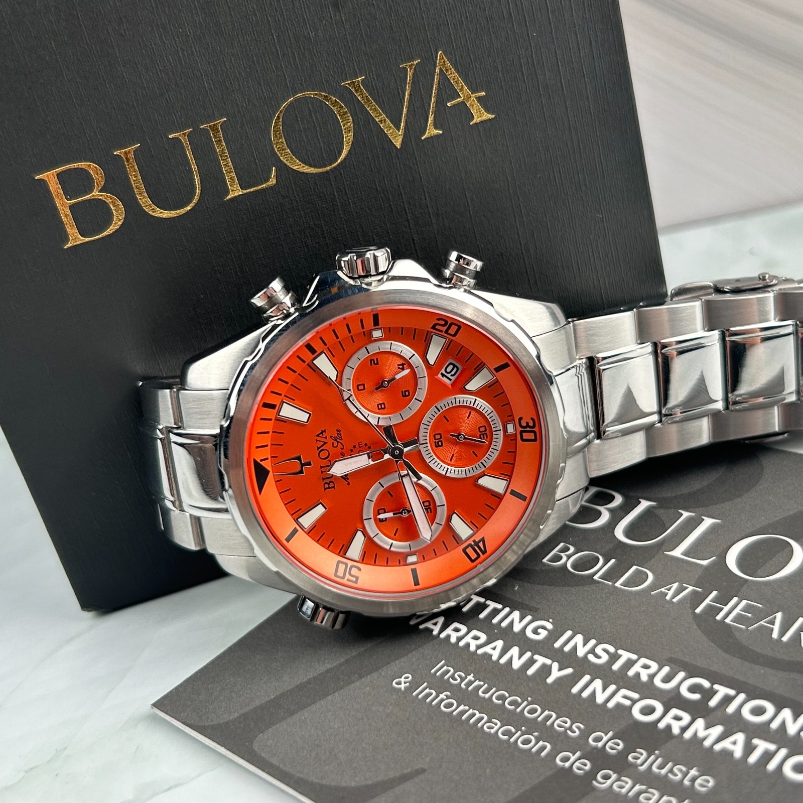 Bulova Marine Star 96B395 Orange Dial Men’s Chronograph Quartz Watch New 43MM