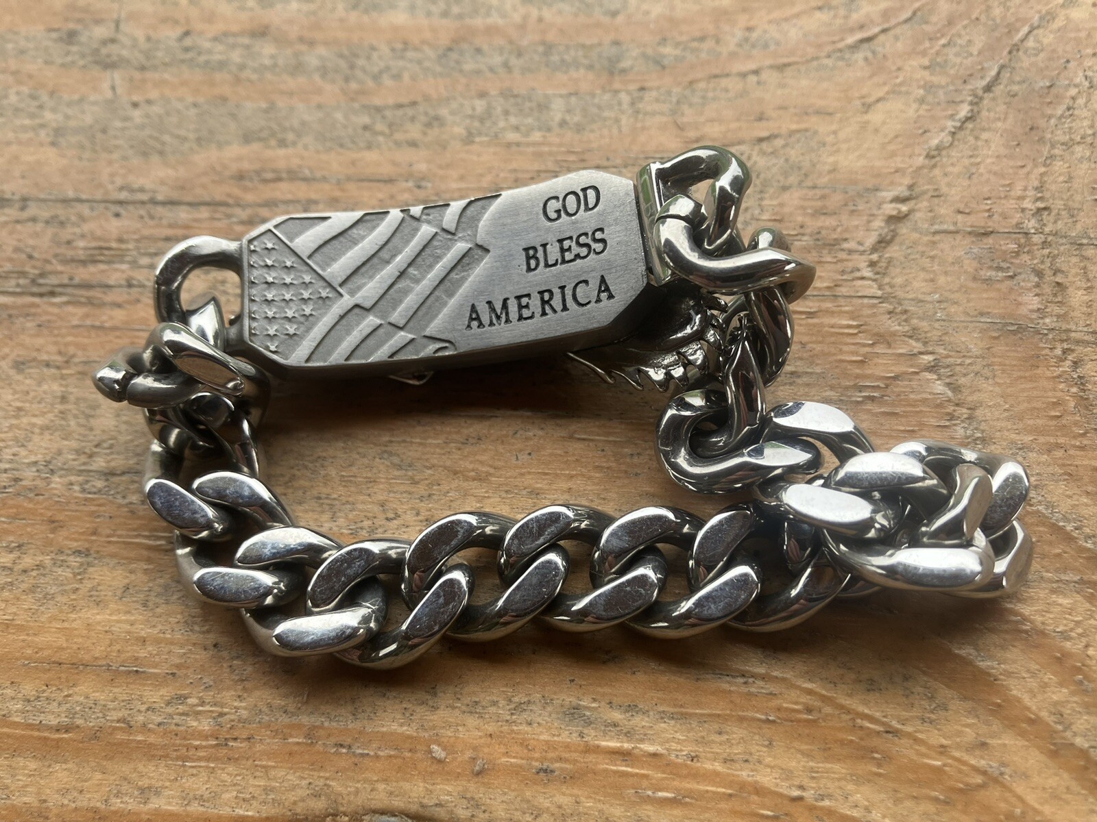 American Pride God Bless America Biker-Style Curb Link Chain–Free Ship