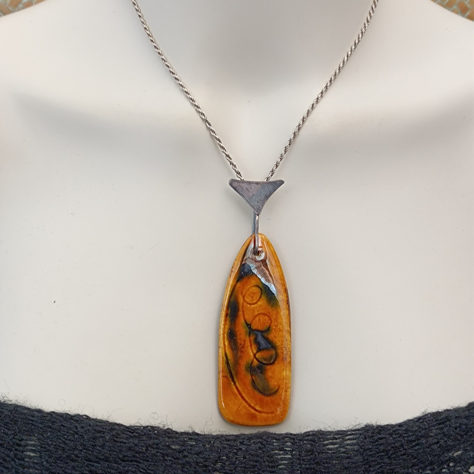 VTG Silver Modernist Israeli Enamel Necklace Abstract 60s 7Os Mustard Yellow 925