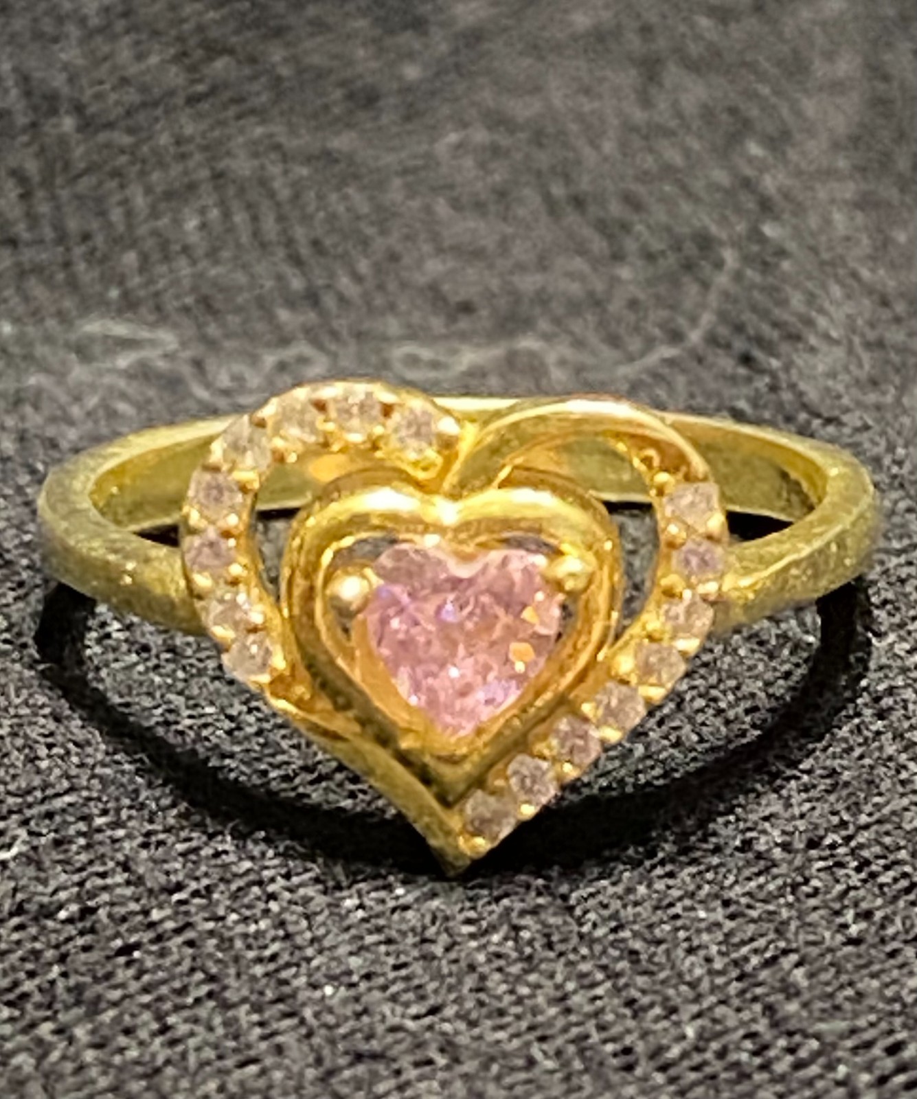 925 Sterling Silver Gold Plated Pink Sapphire CZ Heart Ring Size 7 Romantic