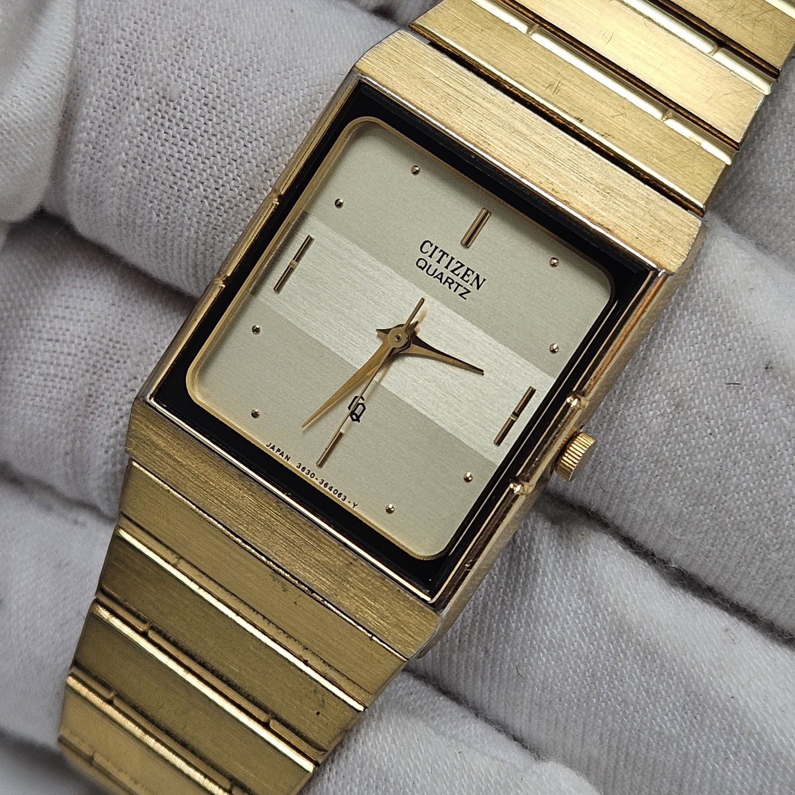 Vintage Citizen CQ 3630 Gold Tone Quartz Mens Tank Dress Wrist Watch New Battery