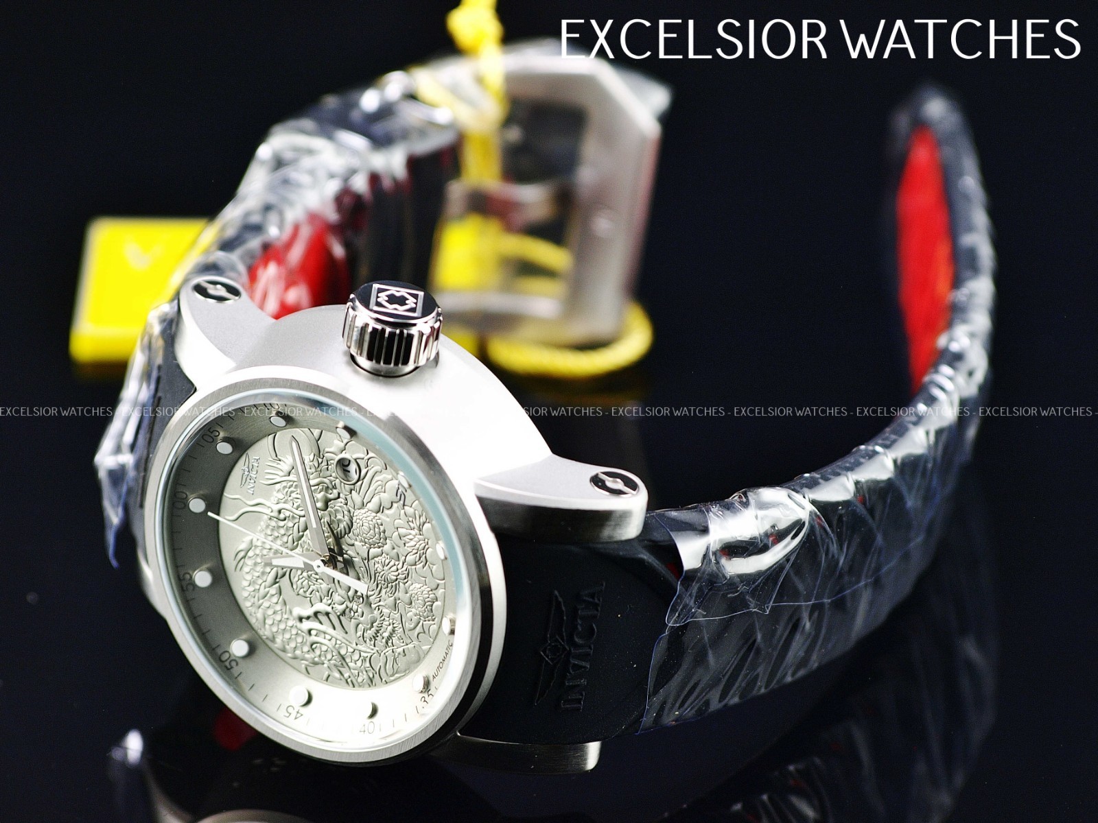 Invicta 48mm S1 YAKUZA DRAGON NH35A Automatic Silver Dial Black Silicone Watch