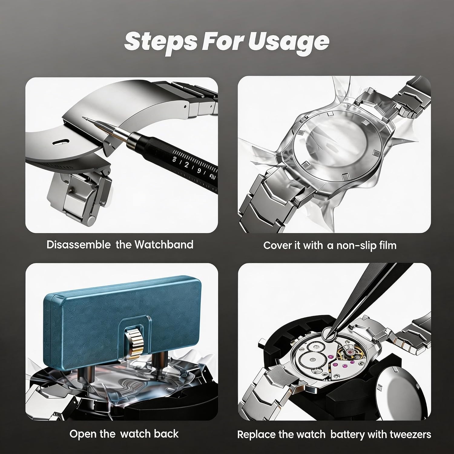 Universal Watch Repair Kit: Case Holder, Spring Bar Tool & Tweezers for Home Use