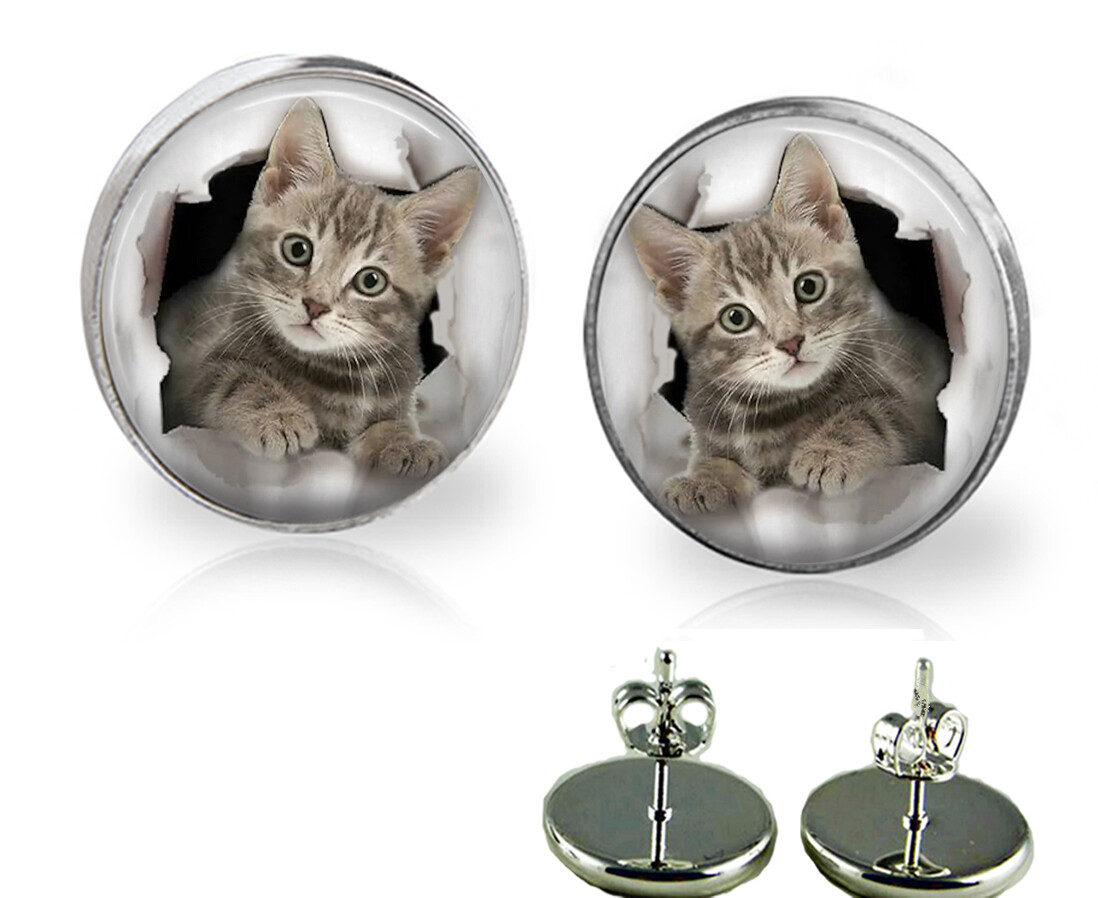 Peeking Kitty Cat Glass Top Stud Earrings 2 Sizes Handcrafted Photo Jewelry Gift