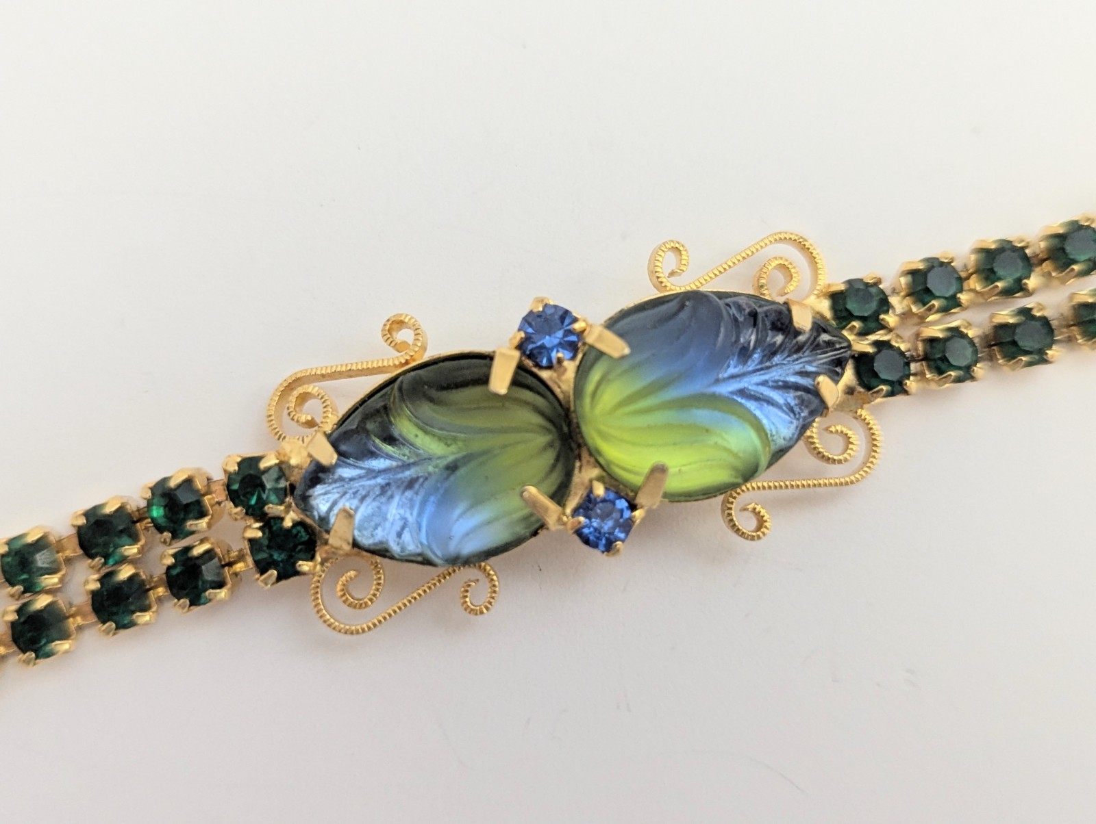 Vtg Juliana Style Molded Green Blue Givre Glass Rhinestone Costume Jewelry Set