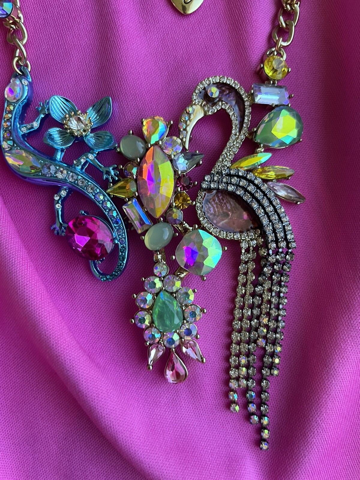 Betsey Johnson Paradise Lost Pink Flamingo Salamander Lizard Gecko Necklace RARE