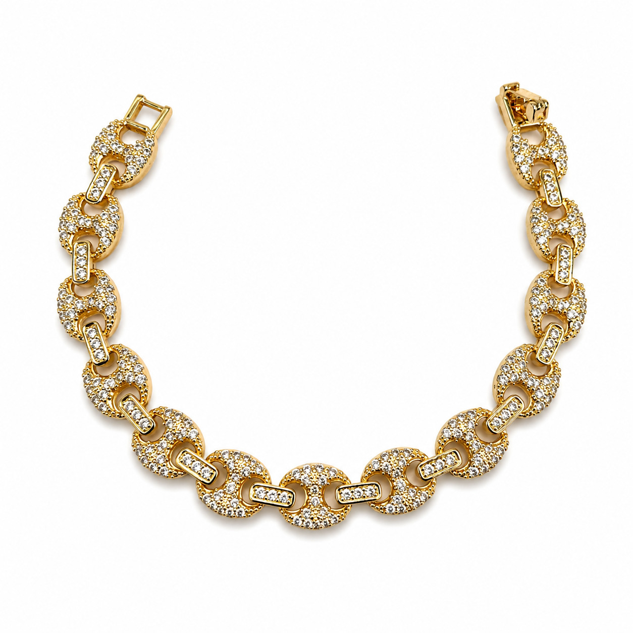 Italian 1/200 14k Yellow Gold Oro Overlay Iced CZ G Puff Link Bracelet Pulsera