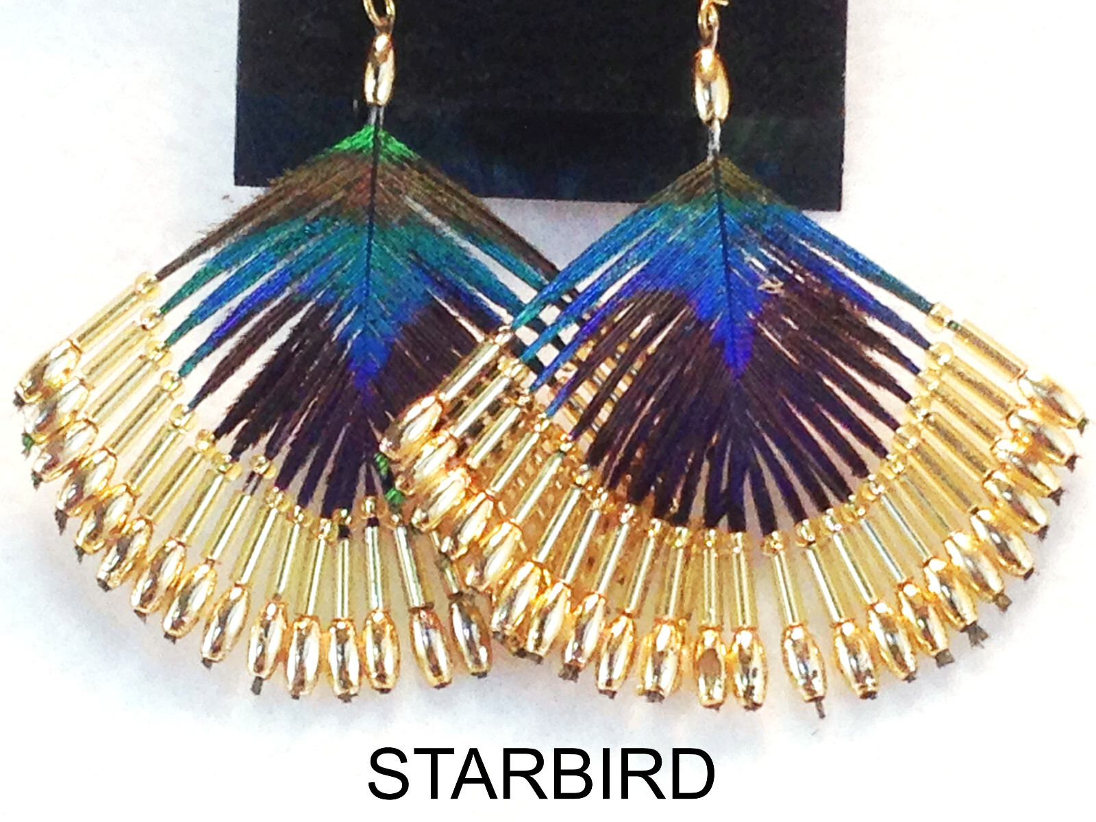 PEACOCK FEATHER GOLD OR SILVER BEADED EARRINGS 80’s VINTAGE