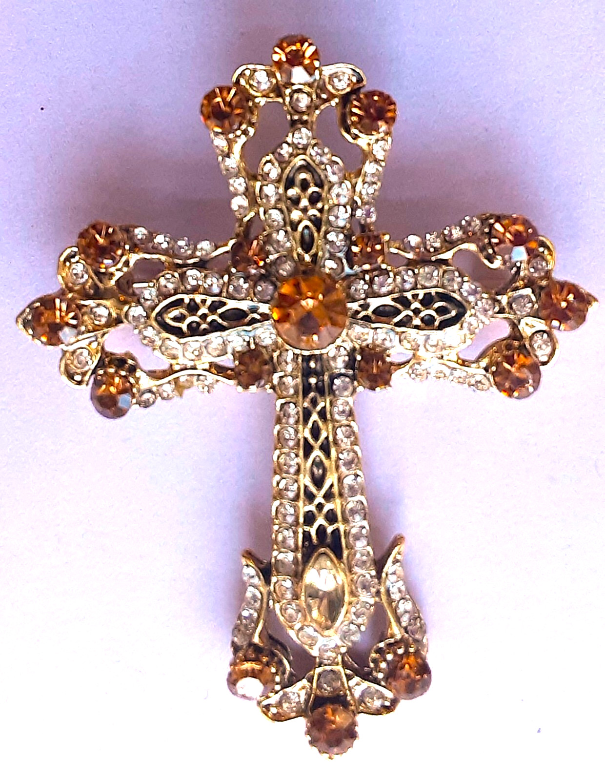 VICTORIAN style CROSS RHINESTONE BROOCH or NECKLACE GIFT BOX Gold color #BR17