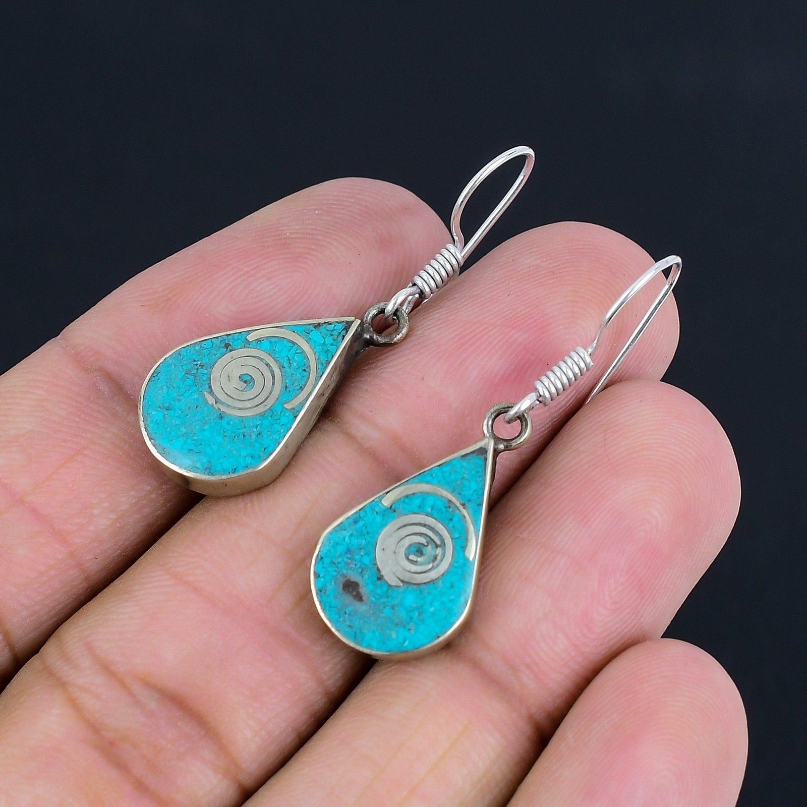 Turquoise 925 Sterling Silver Handmade Tibetan Nepali Gift Earring 1.7″ PG 3596