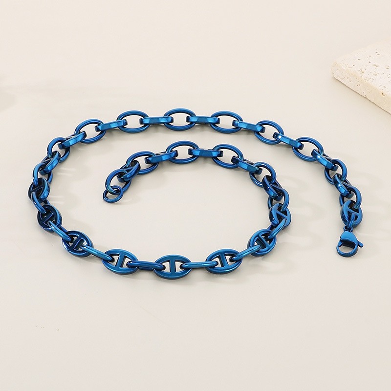 Blue stainless steel Coffee beans style Chain Necklace 9mm 24” For Holiday Gift
