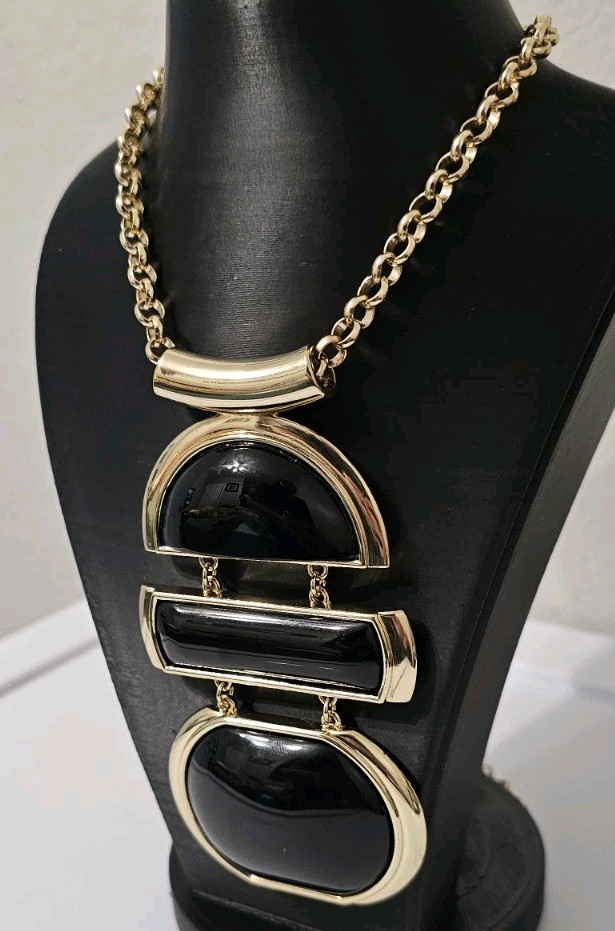 Chicos Gold Black Enamel Statement Necklace Geometric Bib Pendant Rolo Chain 24″