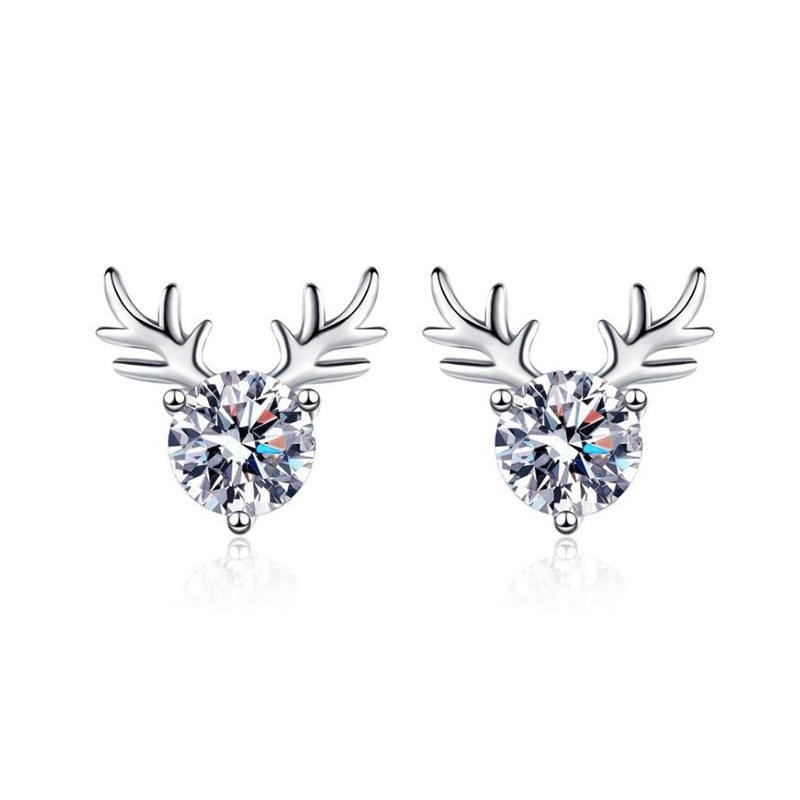 925 Sterling Silver Reindeer Stud Earrings Moissanite Deer Christmas Gift Women