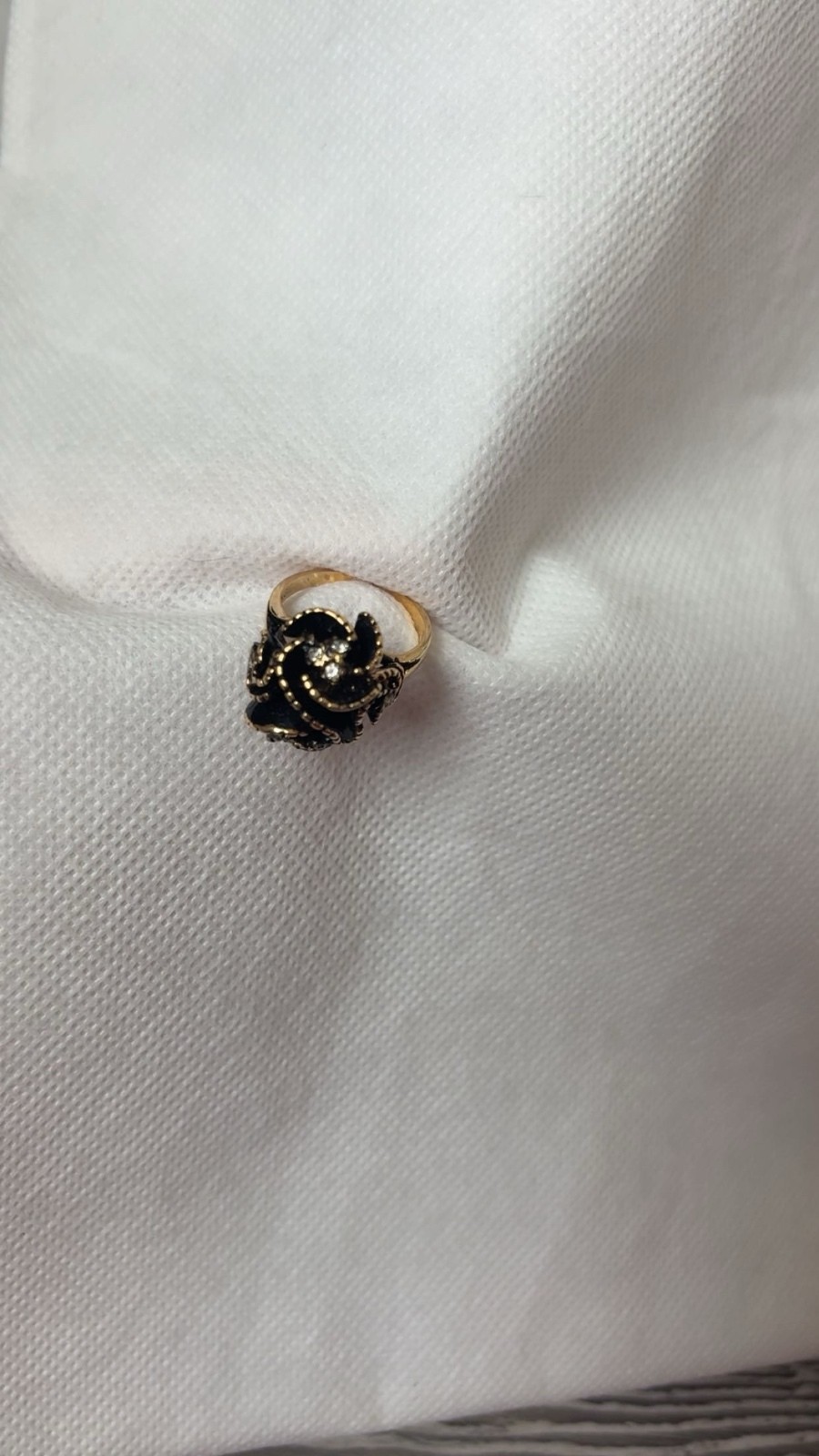 Vintage Gold-Tone Swirling Ring with Black Enamel and Clear Rhinestones, Gift-Ed