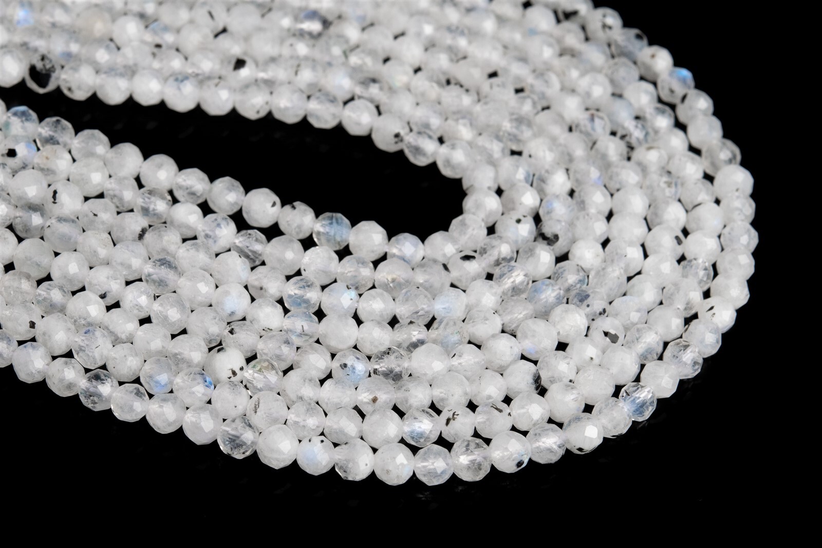 4MM Natural Rainbow Moonstone Tourmaline inclusions Grade A+ Faceted Round Beads