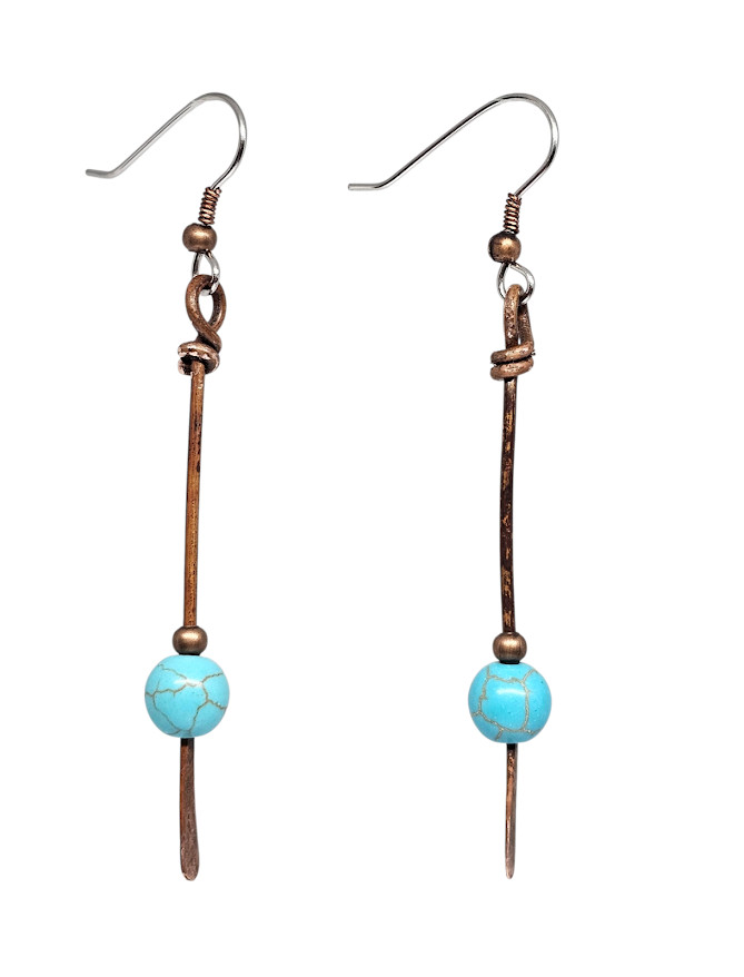 Handmade Copper Stick Dangle Earrings Blue Magnesite Beaded Boho Drop