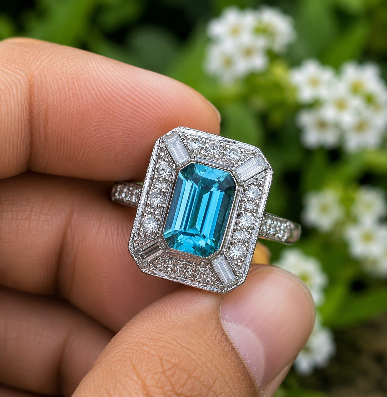 2.50Ct Emerald Lab Created Blue Topaz Halo Engagement Ring 14K White Gold Plated