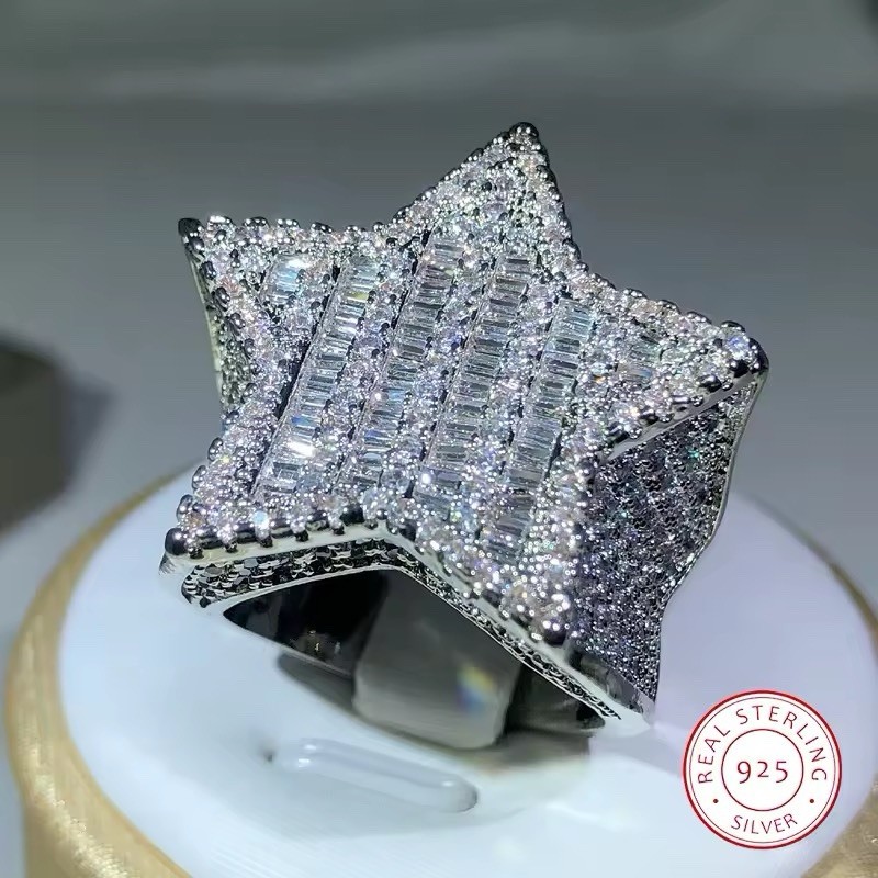 Iced Out 925 Sterling Silver Star Hip Hop Ring For Men