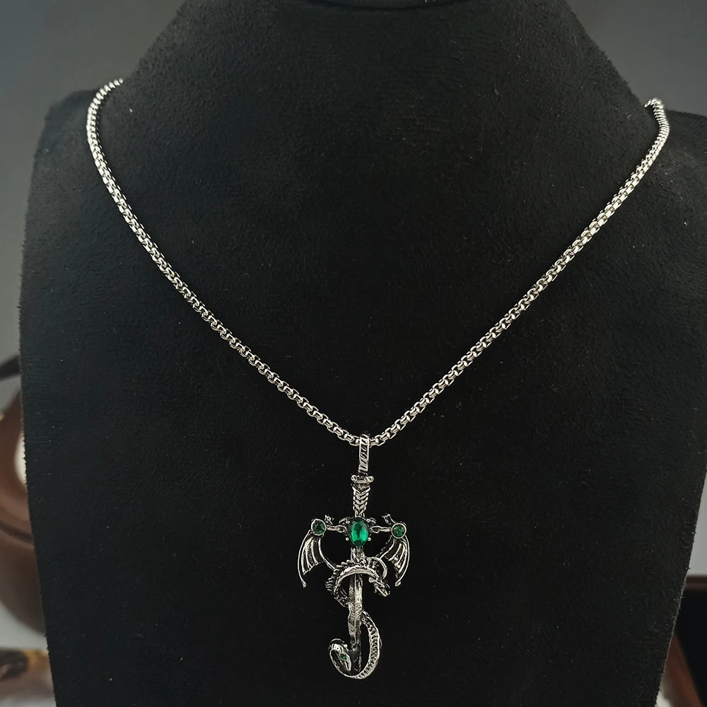Vintage Imitation Gemstone Dragon Sword Pendant Necklace Accessories Stainless S