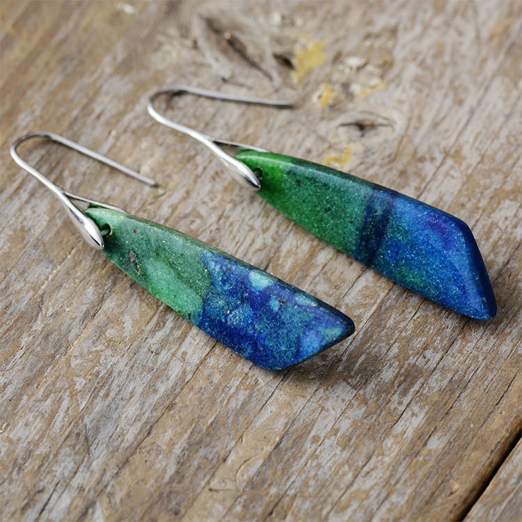 Blue Green Jasper Dangle Earrings Kite Shaped Gemstone Hook Earrings Boho Style