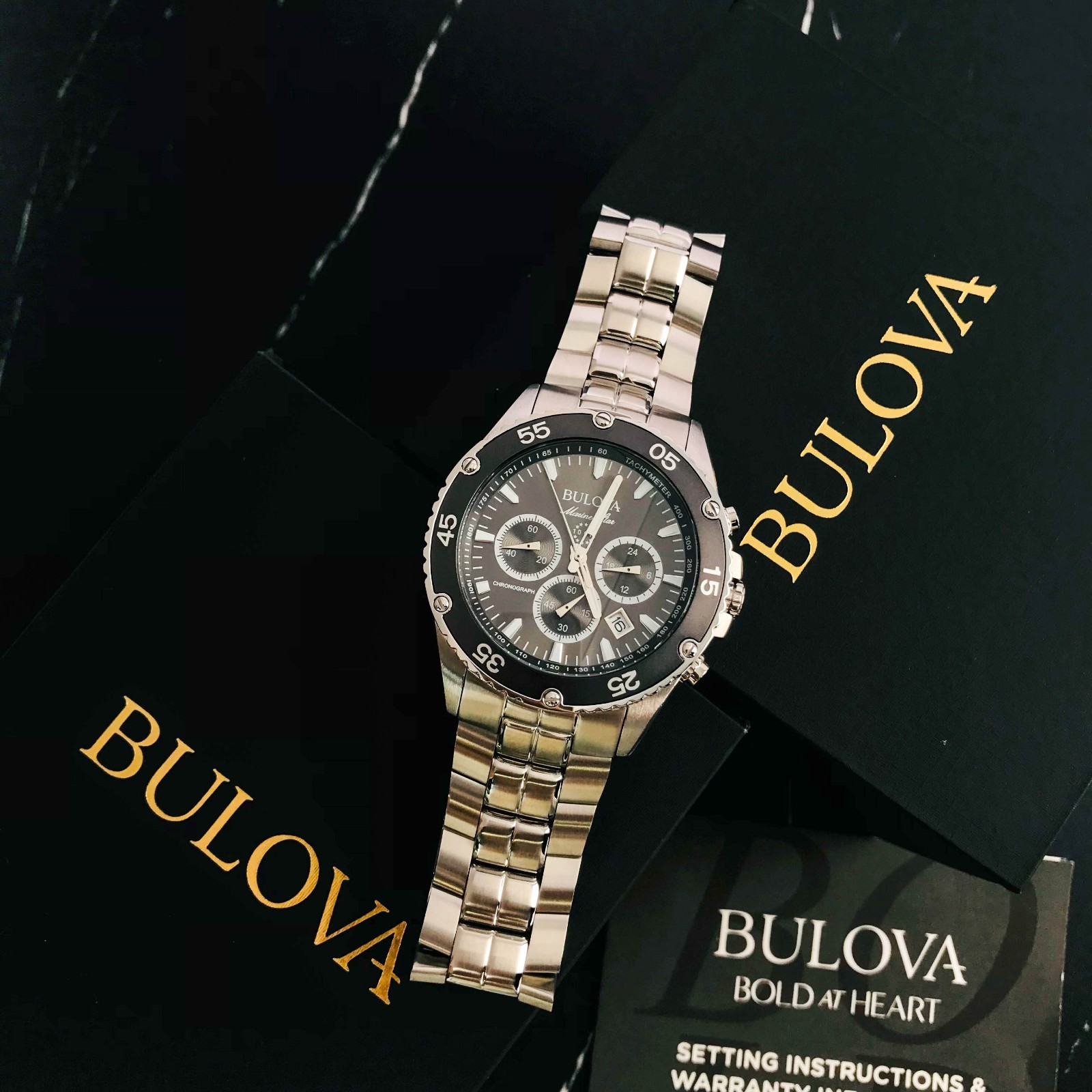 Bulova 98B401 Men’s Marine Star Quartz Chronograph Black Dial Steel Watch 41.5mm