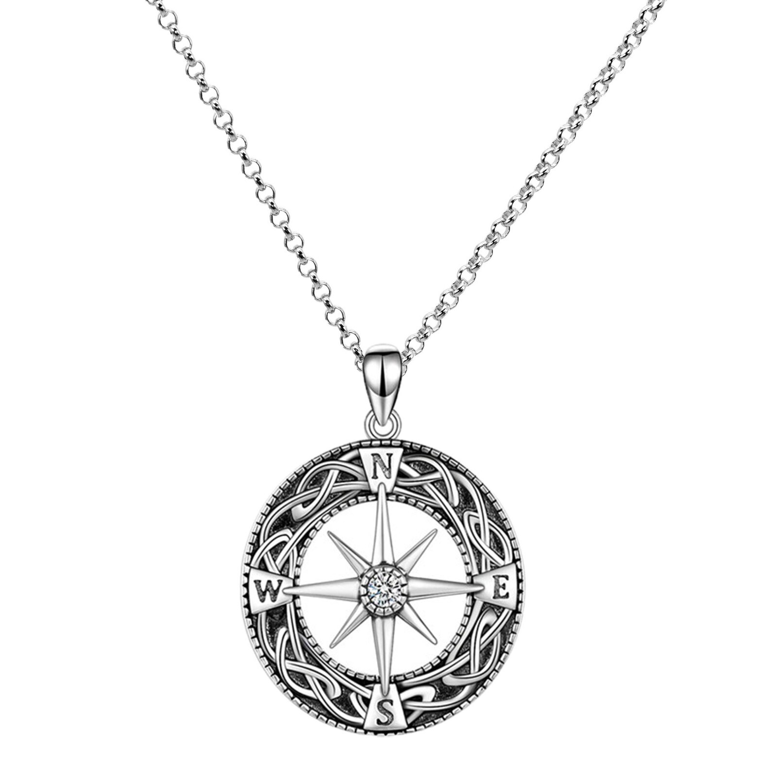 Runde Rolo Kette Halskette Anhänger Kompass Zirkon 925 Sterling Silber Dam/Herr