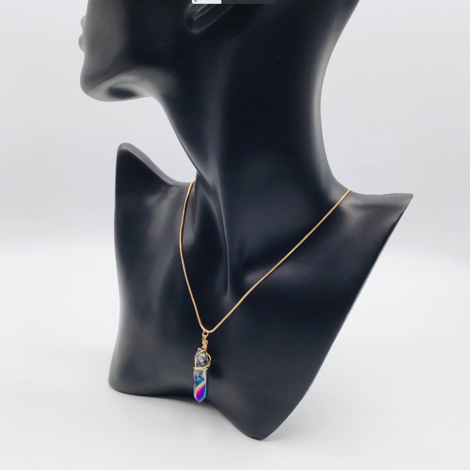 Necklace Quartz Crystal Pendant Titanium Rainbow Coated Wire Wrap Gold Tone 20”