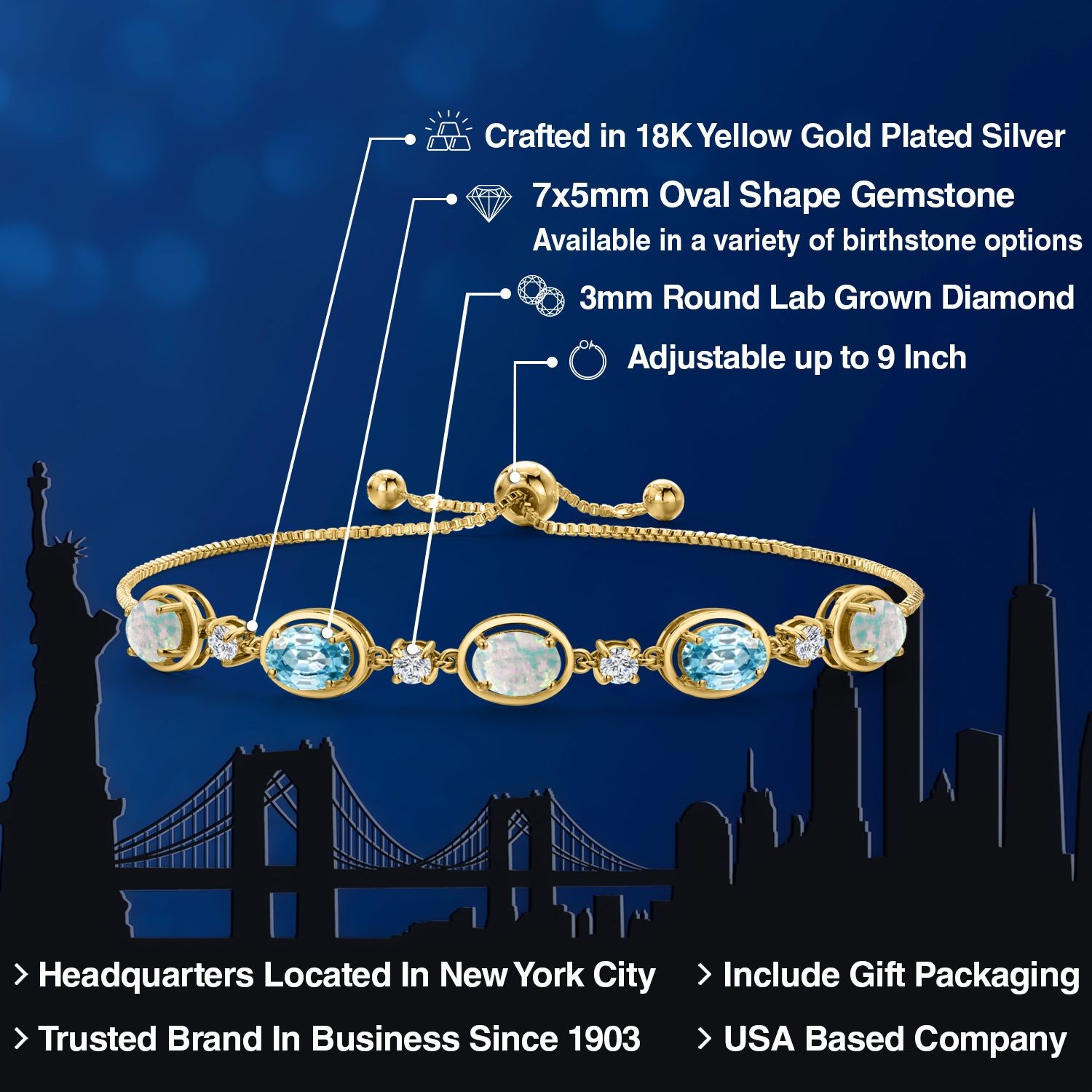 18K Yellow Gold Plated Silver Simulated White Opal, Blue Zircon and Lab Grown