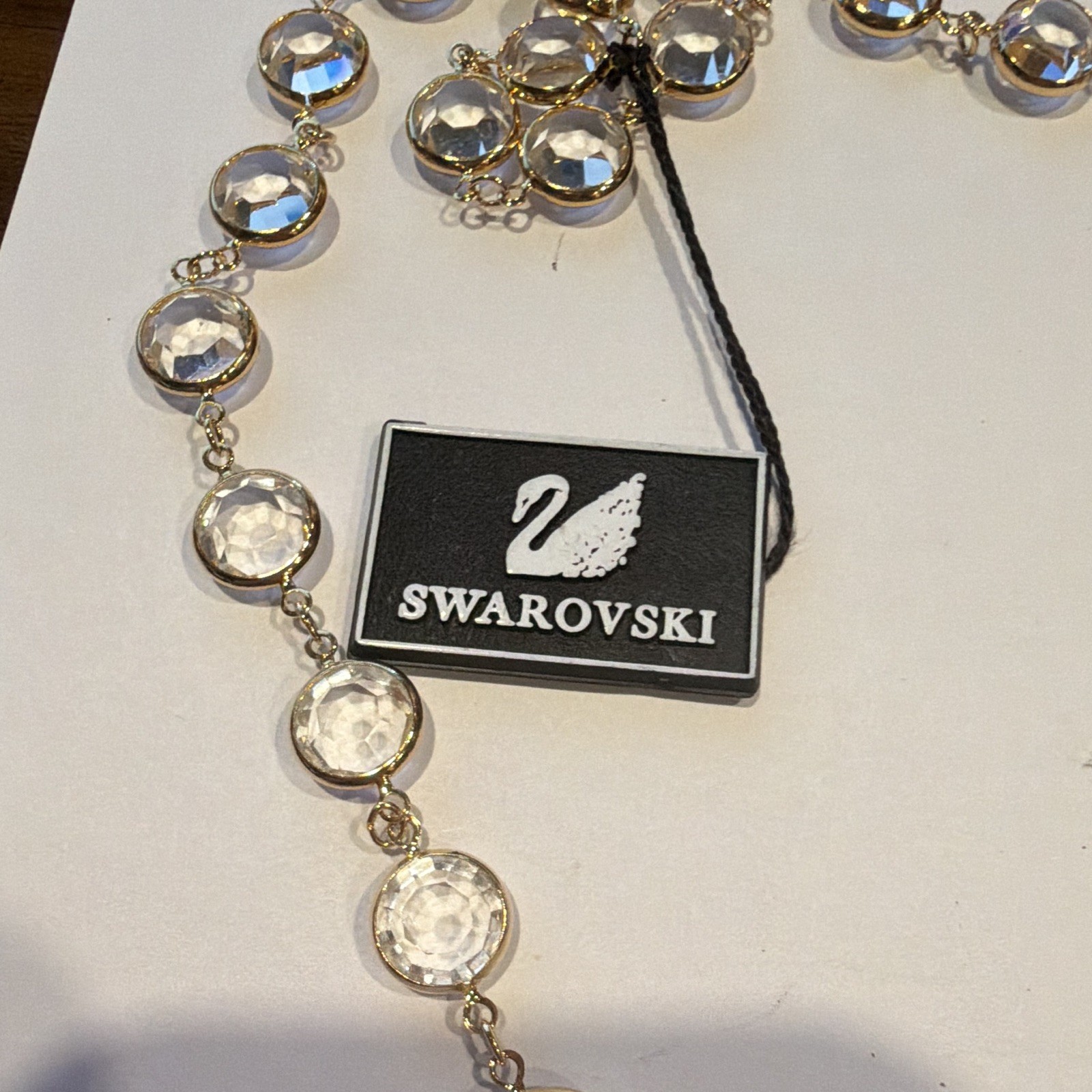 Swarovski Gold Plated Necklace Round Bezel-Set Clear Crystal never worn 34 inch
