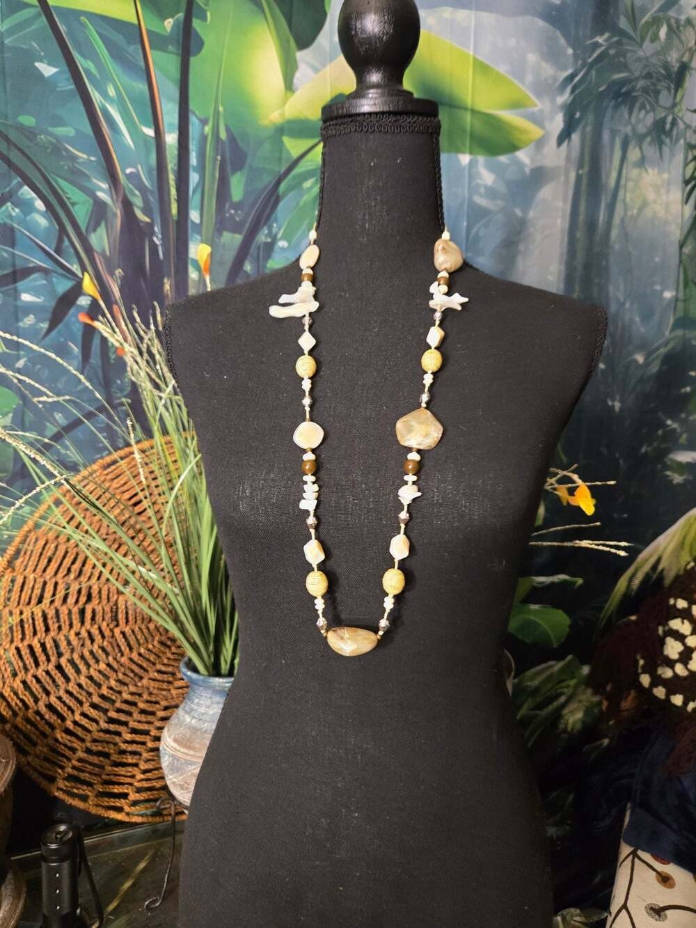 Chico’s Long Beaded Statement Necklace with Natural Shells and Acrylic Beads