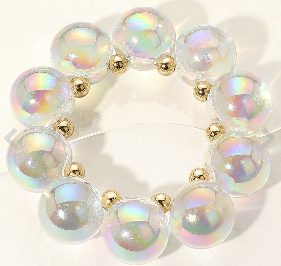 Iridescent Acrylic Beaded Stretch Bracelet Round Beads Multicolor