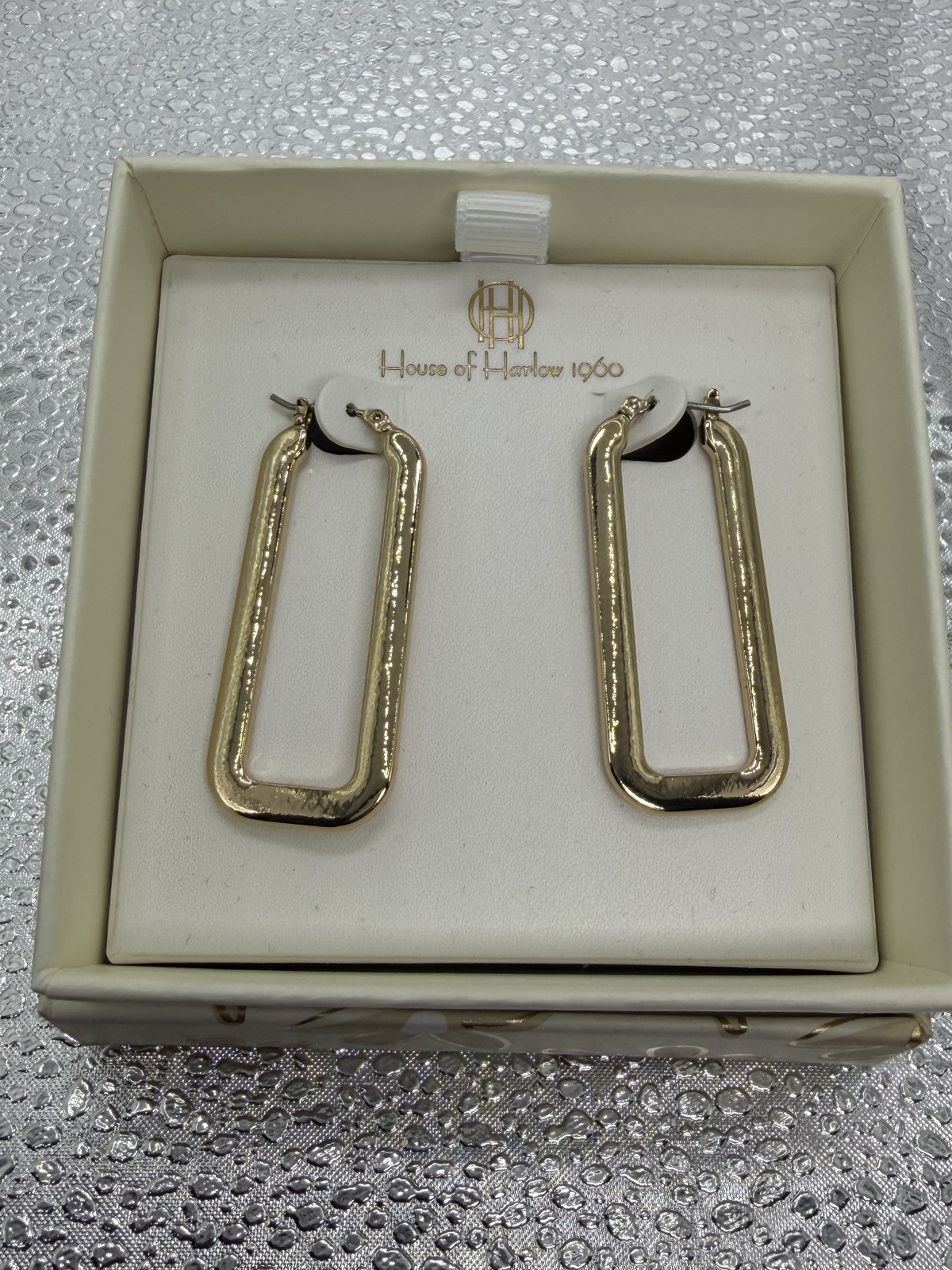 New House of Harlow 1960 Gold Tone Rectangular Hoop Earrings with Gift Box