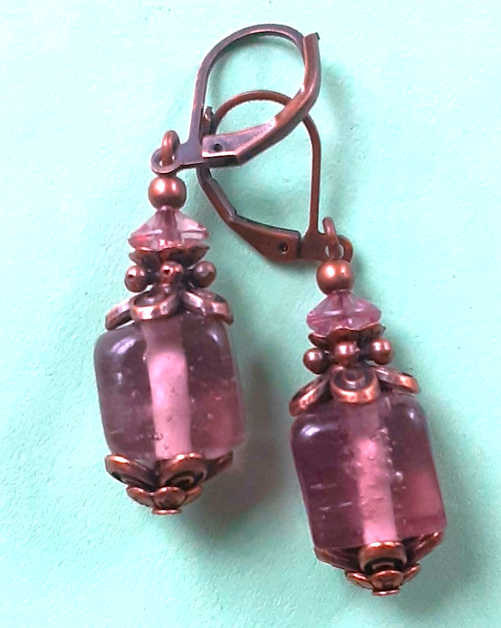 PLUM LAMPWORK earring COPPER LEVERBACK handcrafted #N25
