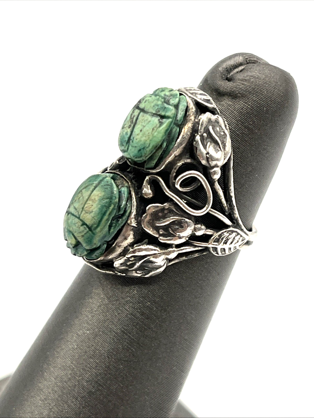 Arts and Crafts Sterling Silver Ring Egyptian Revival Double Scarab Ring 3.75″