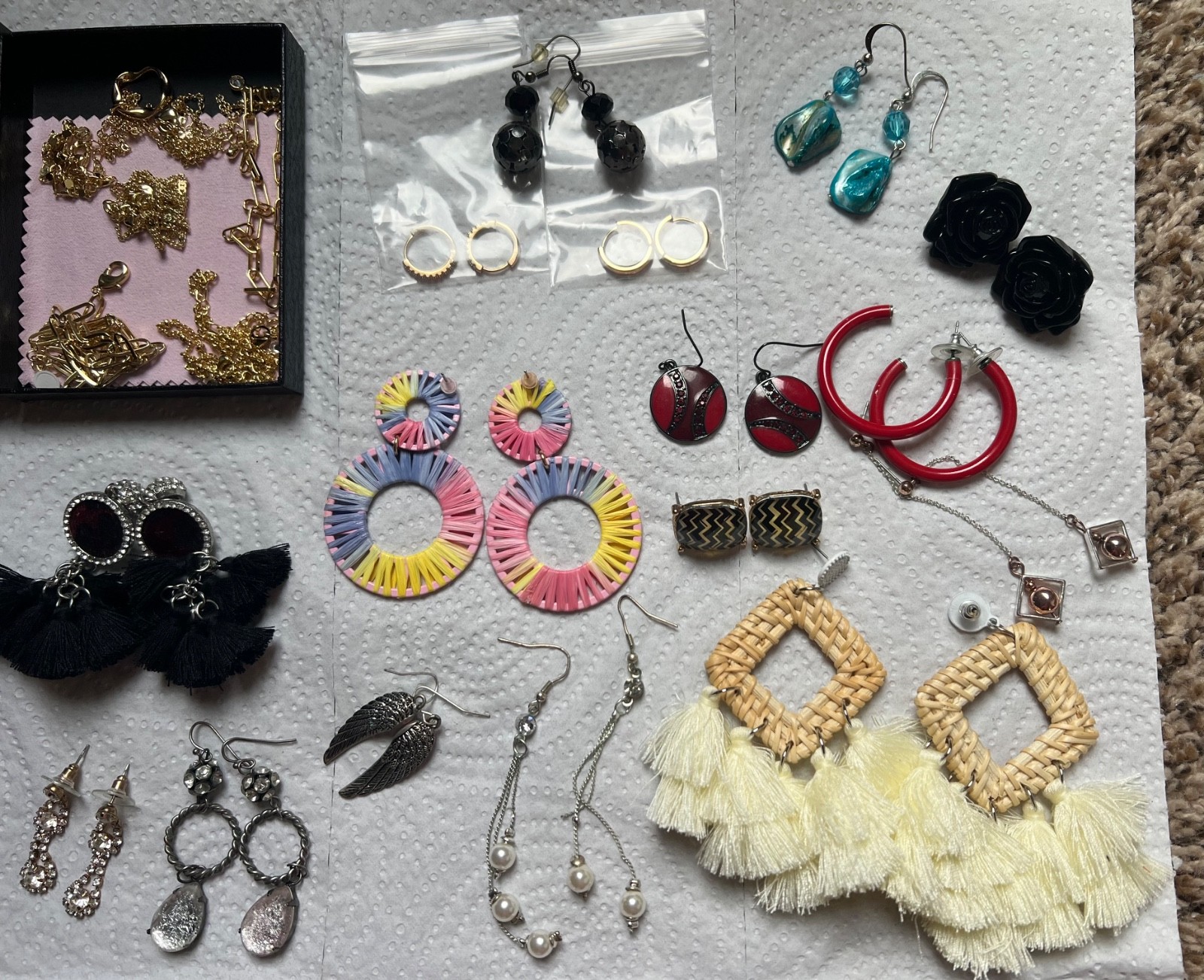 Earring lot 25 pairs! Dangly colorful diamond big hoops gold teardrop