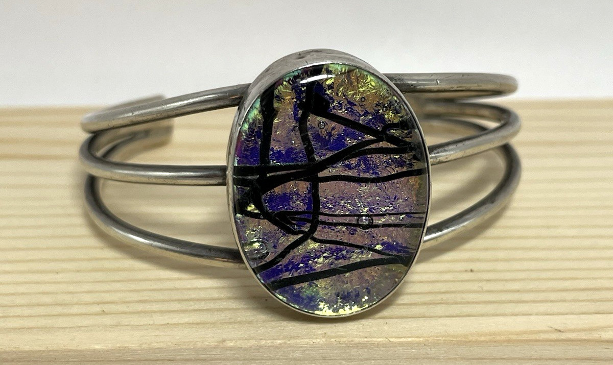 Vtg 925 Sterling Silver Dichroic Glass Purple Yellow Black Cuff Bracelet 36.3g