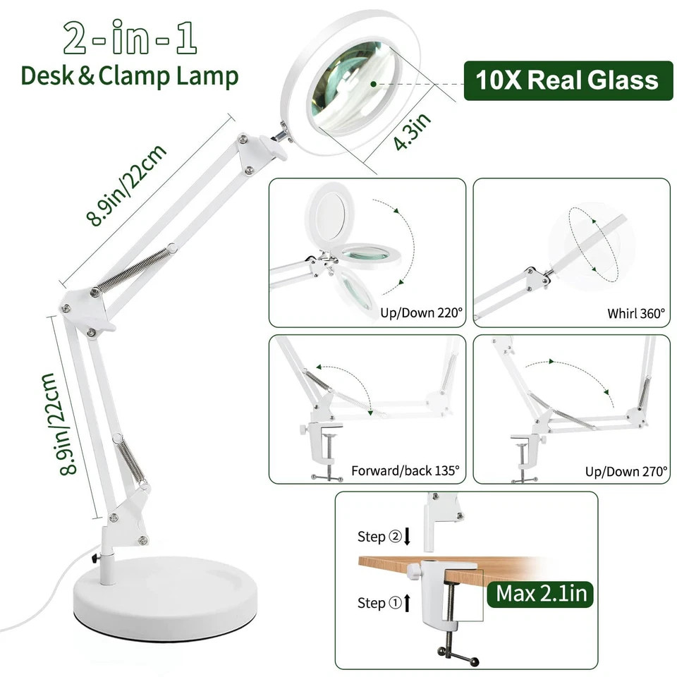 10X Magnifying Glass Desk Light Magnifier LED Lamp Reading Lamp With Base /Clamp