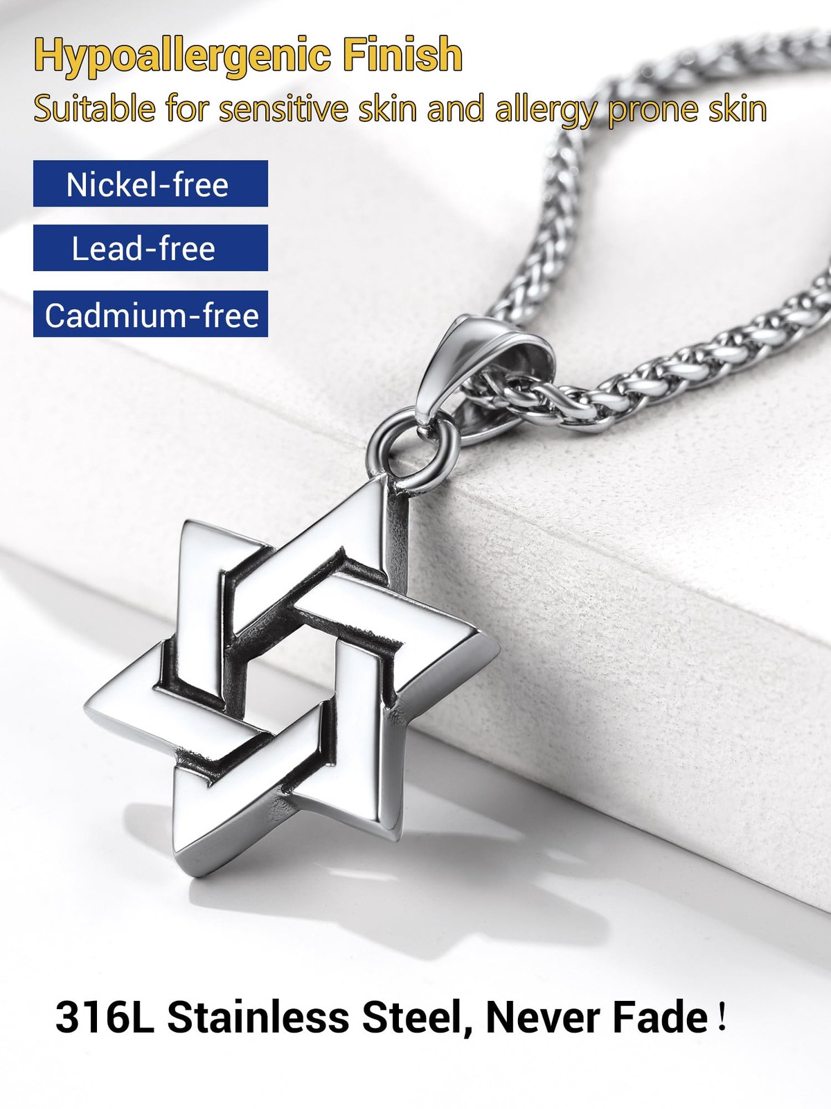 Star Of David Stainless Steel Necklace Pendant for Men Cool Chains Jewish Jew…