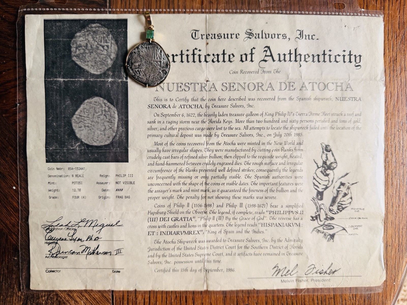 Authentic Atocha 8 Reales Pendant 14k Gold Bezel Emerald with COA Shipwreck Coin