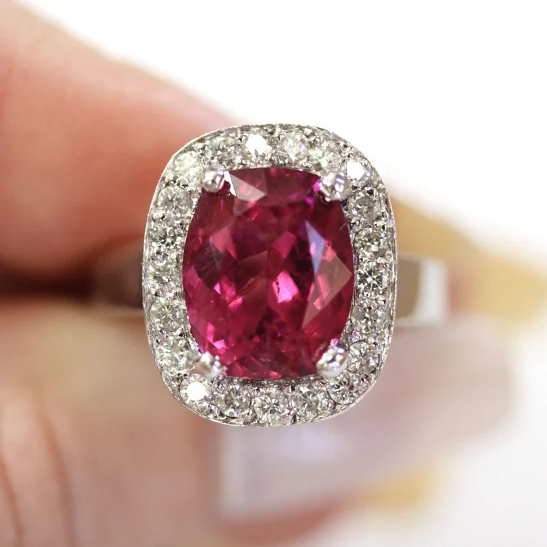 5Ct Cushion Cut Natural Pink Tourmaline &Diamond 14K White Gold Luxurious Ring
