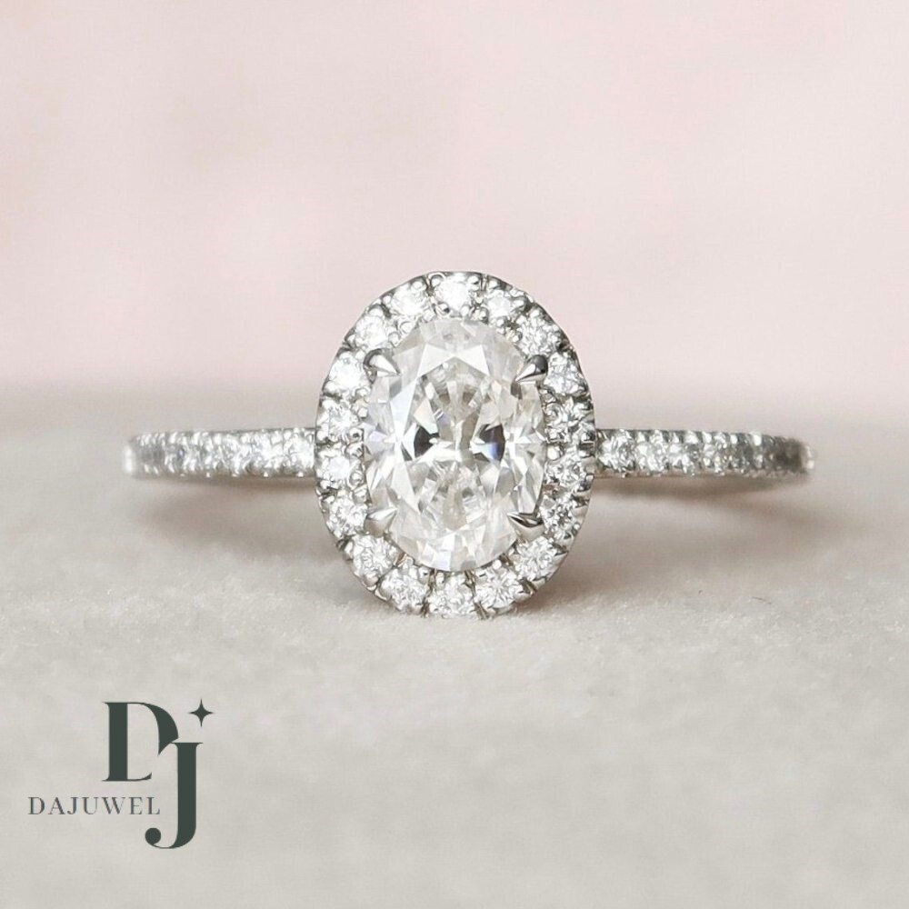 2.30 Carat Oval Cut F/VVS1 Moissanite Halo Engagement Ring Solid 14K White Gold