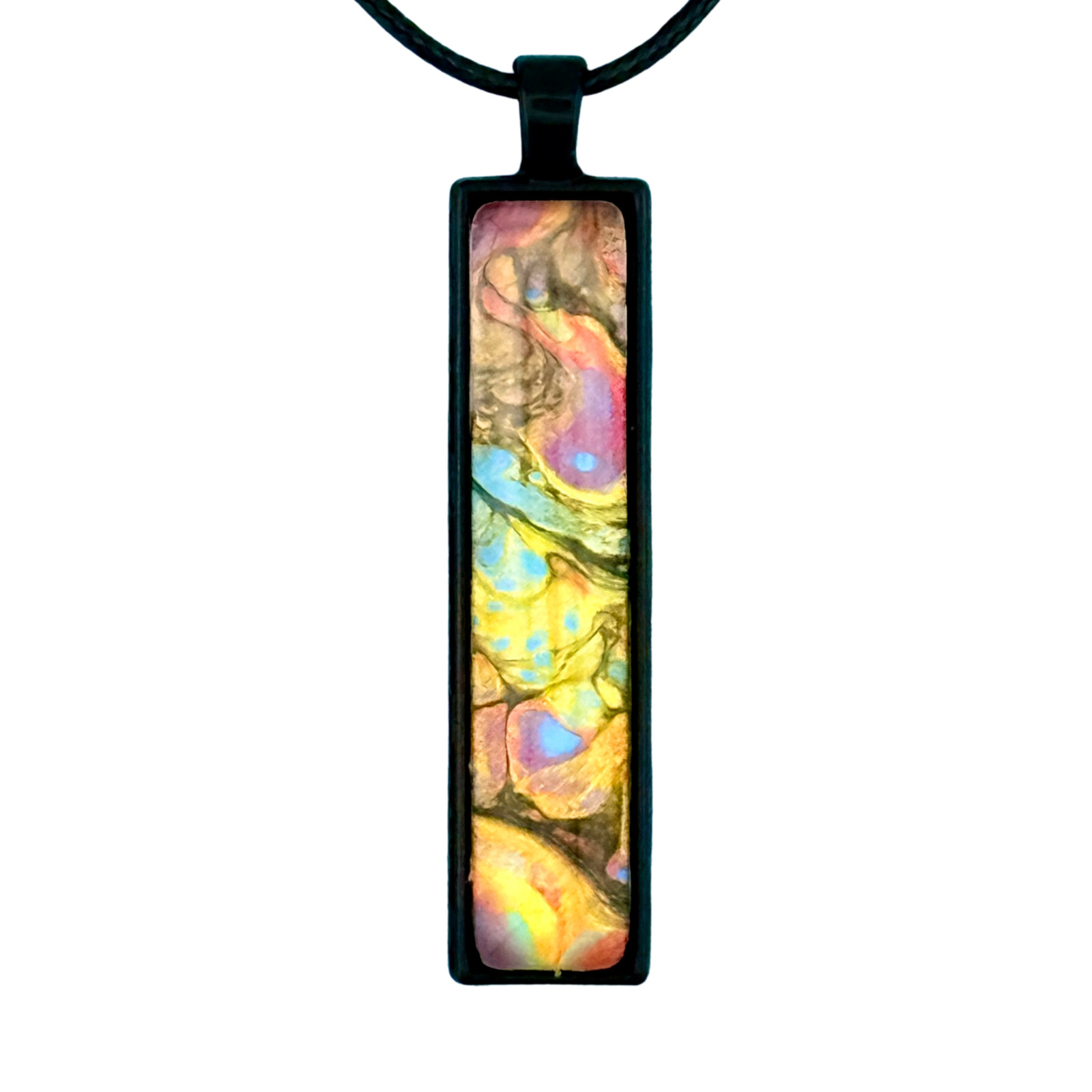 Pendant Necklace Handmade “Sixties Trip” Black Bezel Black Cord