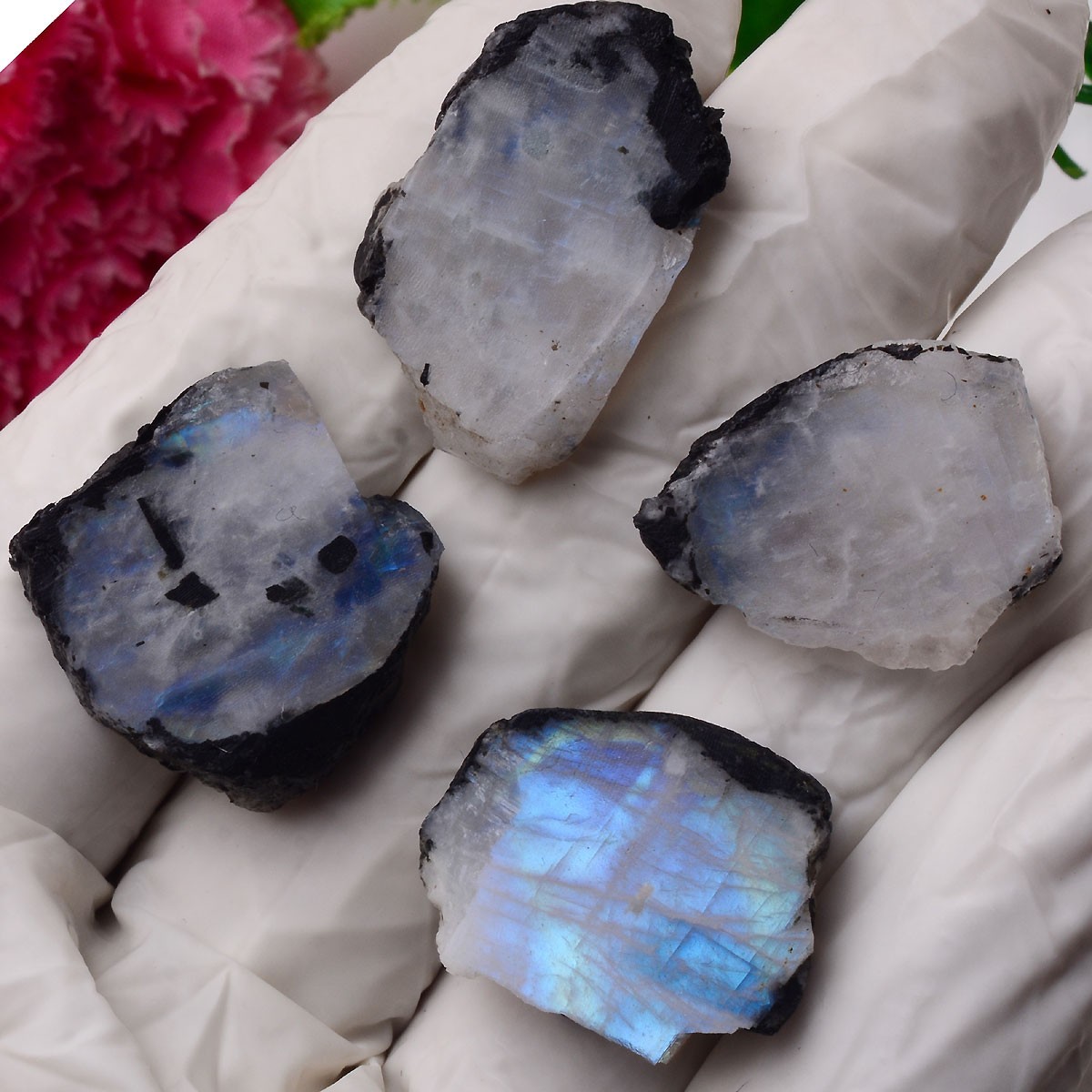 Blue Aurora~ Set Of 4 Pcs Natural Moonstone 25mm-29mm Rough Slabs Gemstones Lot