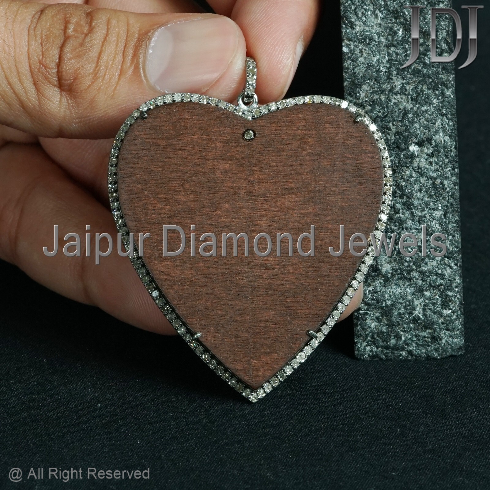 Natural Pave Diamond 925 Sterling Silver Jewelry Wooden Heart Charm Gift Pendant