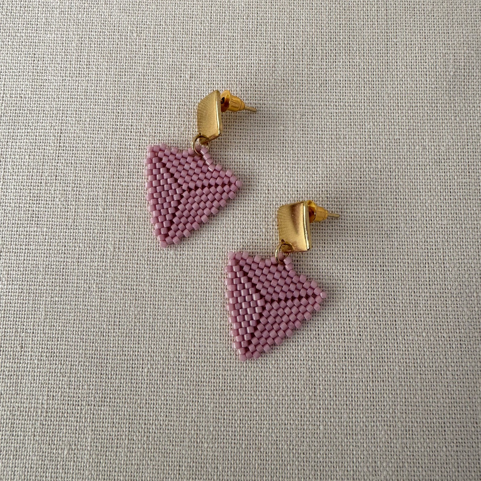 Dusty Rose Seed Bead Earrings, Handmade Triangle Earrings, Geometric Jewelry