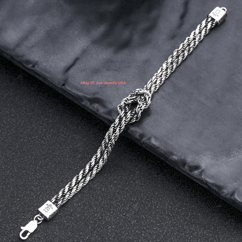 Pure 925 Sterling Silver Men’s Bracelet 3mm 2-Line Rope Link Chain 6.69-7.48inch